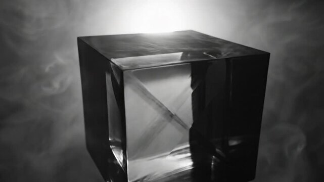 Abstract slow motion rotating crystal cube sculpture against smoky backdrop in black and white