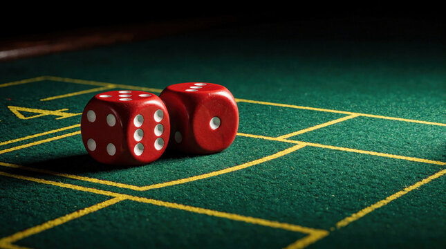 Two red dice with white dots rest on a green casino table with yellow lines. These dice represent luck chance and gambling games. They invite risk and play.