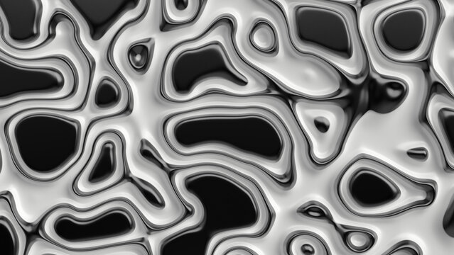 Monochrome 3D texture of flowing liquid chrome with dark recesses.