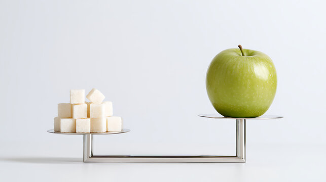 A green apple, Malus domestica, on a scale counterbalanced by a pile of white sugar cubes representing dietary choices and health