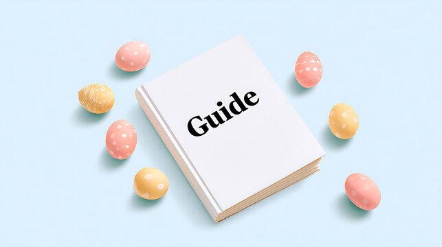 White book with the word guide surrounded by pastel easter eggs on a light blue background top view flat lay concept for spring holiday