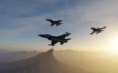 Fighter Jets in Formation Over Mountains at Sunset - Military Aircraft 3D Rendering © edb3_16