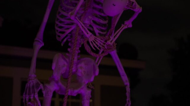 Close-up of a Halloween skeleton under purple lighting at night. The skeleton holds a small ghost decoration with rope, creating a spooky yard display.