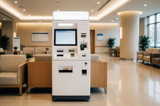 Hospital self-service kiosk with touch screen for payments or information. Machine offers easy patient access in waiting room. Modern tech helps hospital workflow. Automated station in clean lobby.