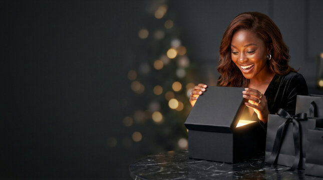 African american woman opening gift box with glowing light inside. Happy smiling woman with surprise present and shopping bags. Christmas gift and luxury shopping concept
