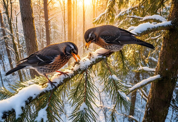 Naklejka premium Winter wildlife and nature survival, two birds on a snowy pine branch in a forest with golden sunlight