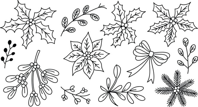 Christmas botanicals flat vector illustration pack. Black linear sketches outline delicate holly leaves, berries, poinsettia flowers, mistletoe branches and a decorative ribbon bow.