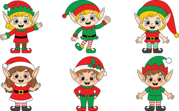 Christmas elves flat vector illustration set. Cheerful holiday characters with pointed ears wave and stand proudly in their festive red and green costumes.