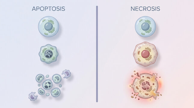 Apoptosis vs Necrosis Cell Death Medical Vector Illustration Comparison