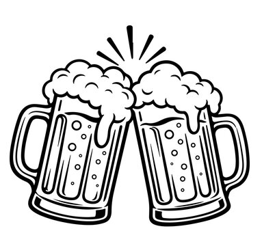 Two beer mugs clinking together, black and white vector illustration of frothy lager glasses.
