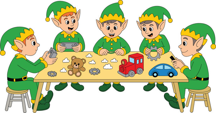 Christmas elves flat vector illustration scene. Tiny green workshop helpers sit around a wooden table assembling toys like a teddy bear, train and car.