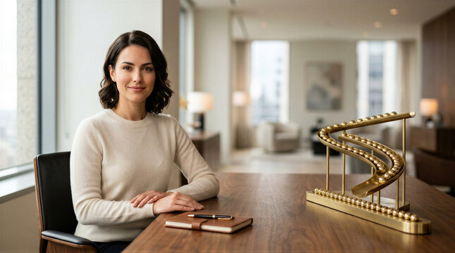 Businesswoman sitting at desk with brass marble run kinetic sculpture in modern office. Executive woman portrait in luxury workplace. Business energy and time management concept