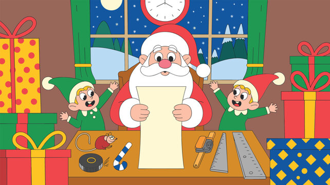 Santa Claus flat vector illustration scene. Festive character reads his wishlist alongside enthusiastic workshop elves, stacked presents and a winter window view.