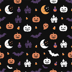 Obraz premium A festive Halloween seamless pattern featuring cute pumpkins, bats, moons, and haunted houses on a black background.