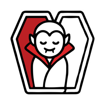 Illustration of a cartoon vampire in a coffin with eyes closed and a serene expression