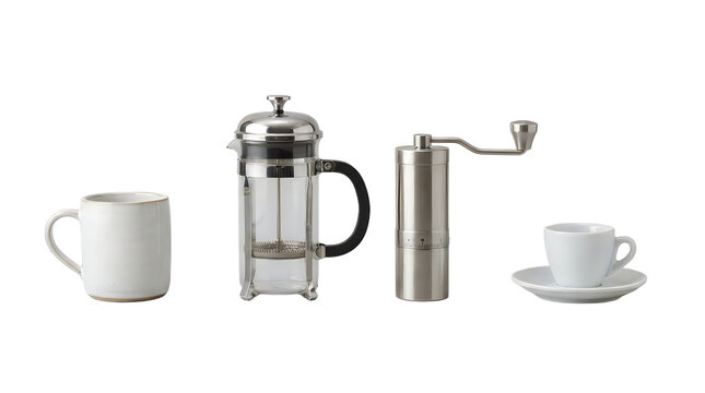 Professional coffee making equipment set featuring a ceramic mug, french press, stainless steel grinder, and espresso cup isolated on transparent background.