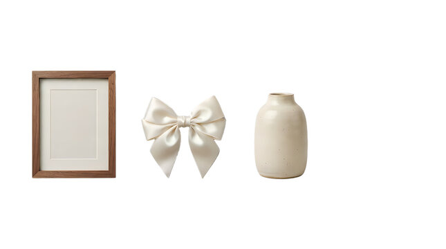 Elegant home decor items featuring a wooden picture frame, a silk hair bow, and a ceramic vase isolated on transparent background for interior design concepts.