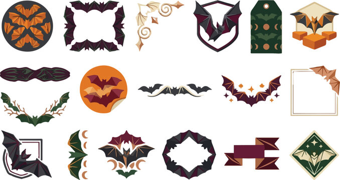 Vintage Halloween bat icons set; retro spooky badges and emblems; Halloween logo design elements; vector graphics for trick or treat, Halloween party invitations, and decorations Halloween