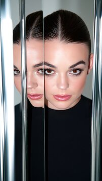 Reflection and Symmetry: Woman's Face Mirrored in Vertical Polished Metal Surfaces
