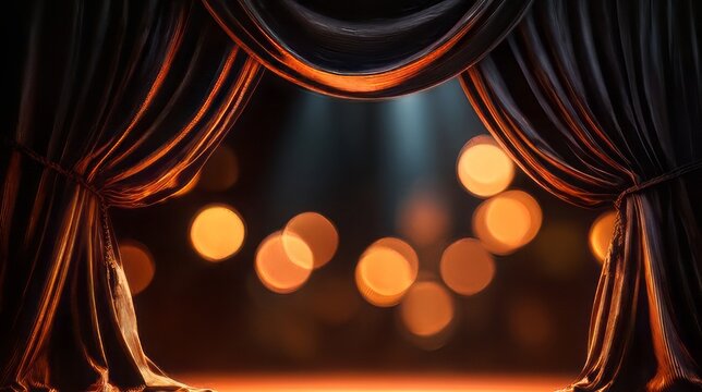Dark velvet theater curtain parted on the right side, revealing a wooden stage and a softly lit, blurred auditorium with spotlights