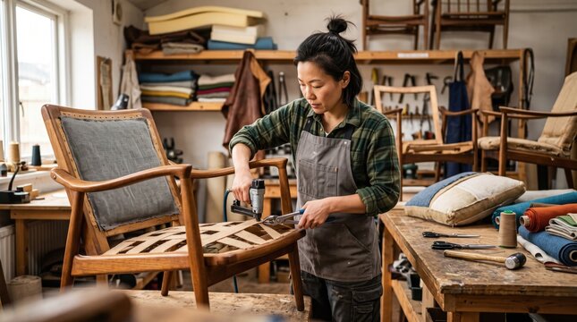 Focused female artisan restoring vintage wooden chair with pneumatic stapler inside carpentry workshop. Concept of upholsterer, furniture restoration, craftswoman.