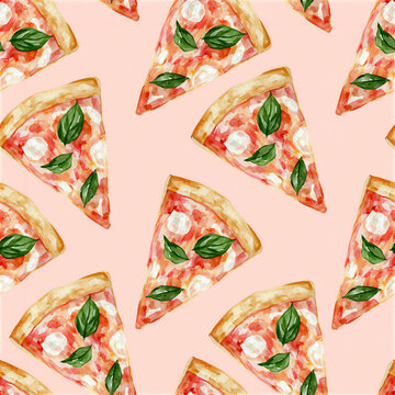 Seamless kitchen decor pizza pattern with repeating slices on pink background