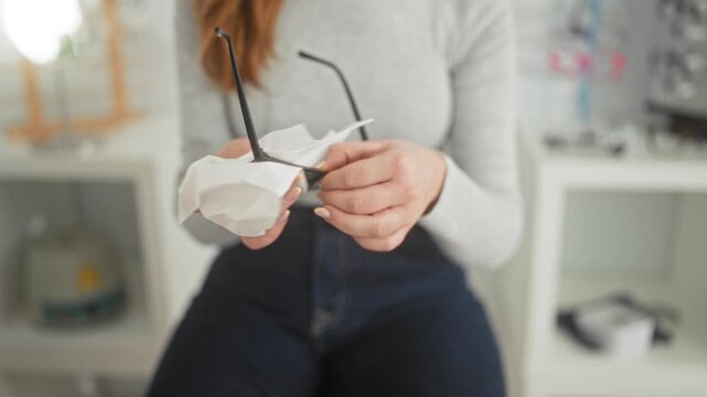 Woman redhead wipes eyeglasses with tissue using hands in studio setting seated near optical shelving; focused care.