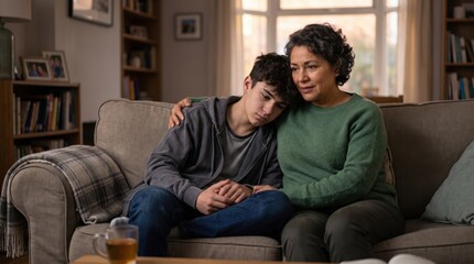 Fototapeta premium Caring Mother Comforting Sad Teenage Son Sitting Together on Sofa at Home. Concept of sad teenager, mental health, family support, teenage depression.