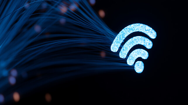Bright glowing wifi icon emerge from modern fiber optic cables in dark digital background showing fast internet speed and connection tech