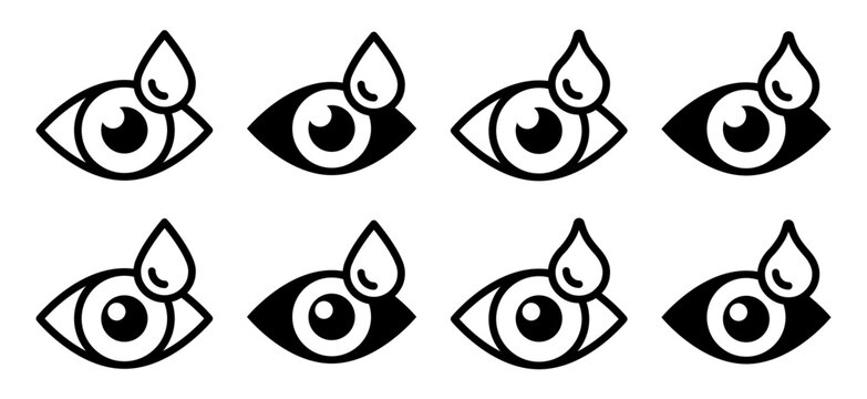 Eye drop icon set with outline and solid eye symbols for ophthalmology, optometry, eye care, treatment, medicine, vision health and medical interface design.