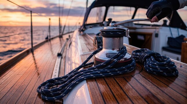 Sailor hand operating winch with rope on sailboat deck at sunset during ocean voyage. Concept of yacht, sailing, boat deck.