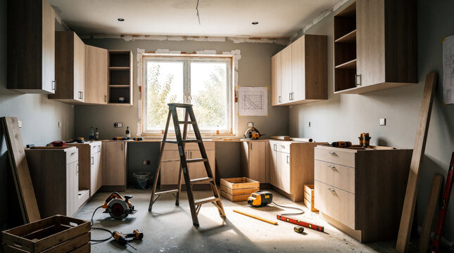 Kitchen remodel in progress. Unfinished cabinets, tools, and ladder are present. Natural light enters through a window during construction work. Home improvement project underway.