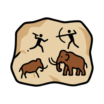 Prehistoric Cave Painting Depicting Mammoth Hunt With Spear And Bow And Arrow