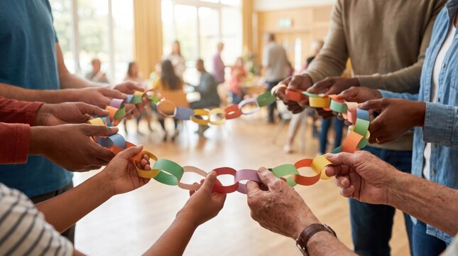 Diverse people holding colorful paper chain together in community support. Concept of unity, diversity, togetherness.