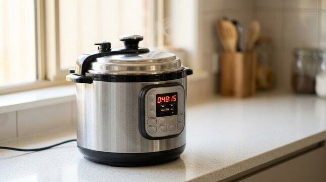 Modern electric multicooker with digital timer on kitchen counter, bright natural light, clean contemporary home cooking appliance