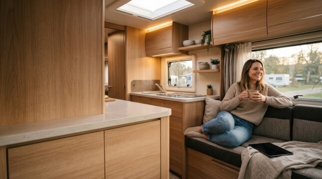 Woman enjoying coffee in a modern motorhome kitchen and seating area with warm skylight glow
