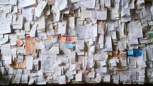 Wall covered with various old paper notes receipts and documents messy collage texture pattern abstract background for design use
