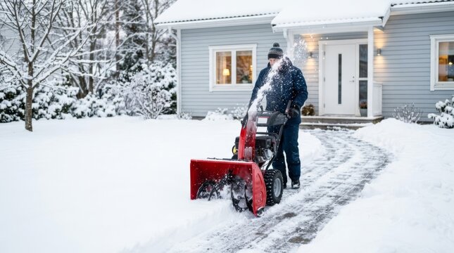 Man clearing snow-covered driveway with red snowblower in front of modern house for winter maintenance