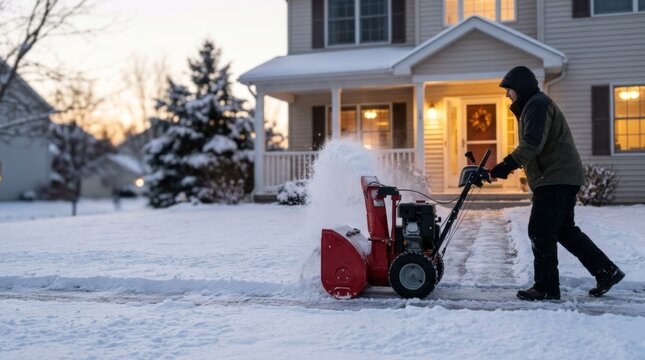 Man using snowblower to clear driveway at dawn, suburban house exterior, winter service concept