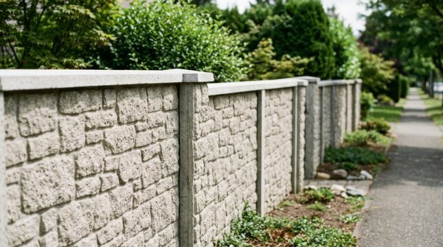 Textured concrete fence with stone imitation blocks borders property along a sidewalk, modern exterior design with copy space