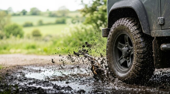 Off-road vehicle tire splashing mud in a puddle, rugged adventure and outdoor exploration