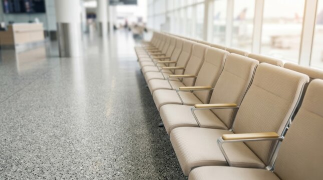 Empty airport waiting area chairs in soft dawn light, modern terminal interior with copy space for design
