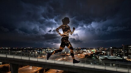 Obraz premium Double exposure silhouette of a woman running at night against a dramatic stormy sky over the city. Concept of runner, motivation, storm sky. Copy space.