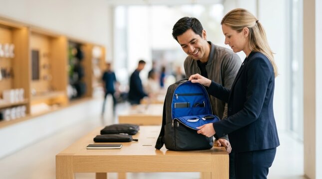 Sales consultant shows customer backpack interior in a bright, modern retail showroom with bokeh background