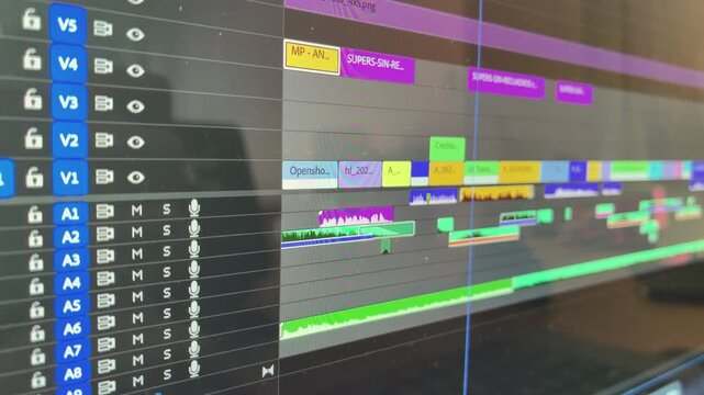 Close up of a complex multicolored video editing software timeline on a computer screen, Film Editor, post production