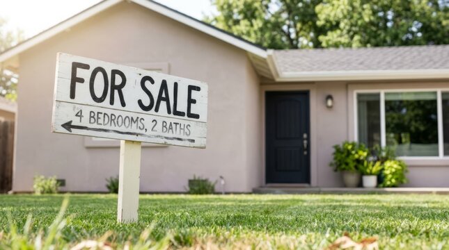 For Sale sign with 4 bedrooms, 2 baths in front of a suburban house, low angle shot