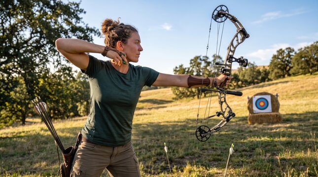 Focused female archer aiming a modern compound bow at outdoor target during sunny training day. Concept of archery, target practice. Copy space.