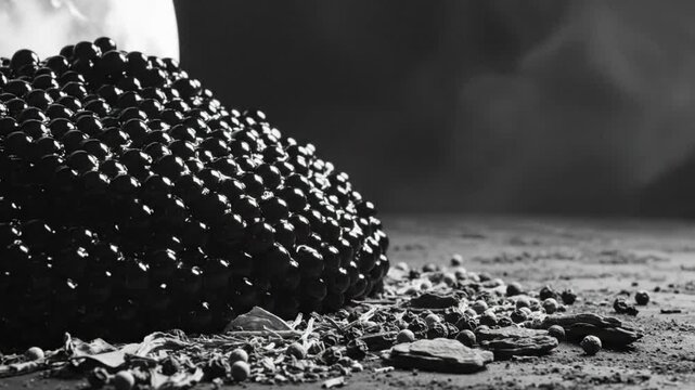 Luxurious pile of black caviar on a textured surface with scattered peppercorns and dark, moody background