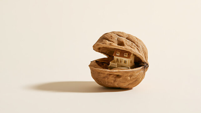 A miniature house model nested safely inside an open walnut shell, depicting the concept of tiny home living and secure property investment
