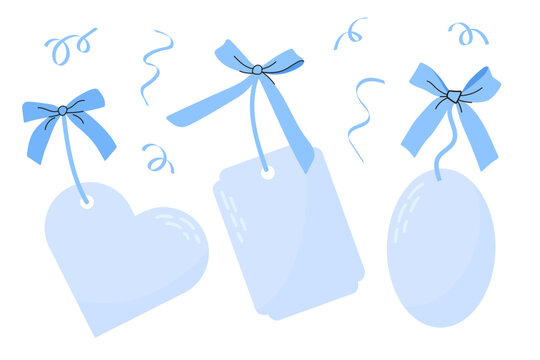 Hand drawn set of blue gift tags in heart, oval, and rectangle shapes decorated with ribbon bows. Flat vector illustration template with copy space isolated on white background.